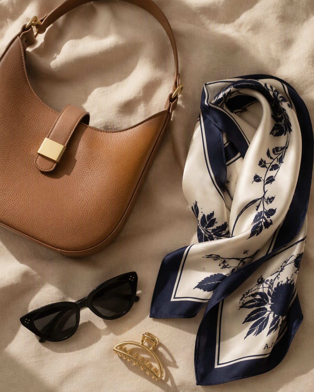 Flat lay of a leather handbag, silk scarf, sunglasses and gold hair clip